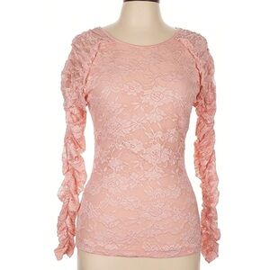 Elegant Pink Lace Women's Top  bebe Pink Lace Ruched Sleeve Top – Size L